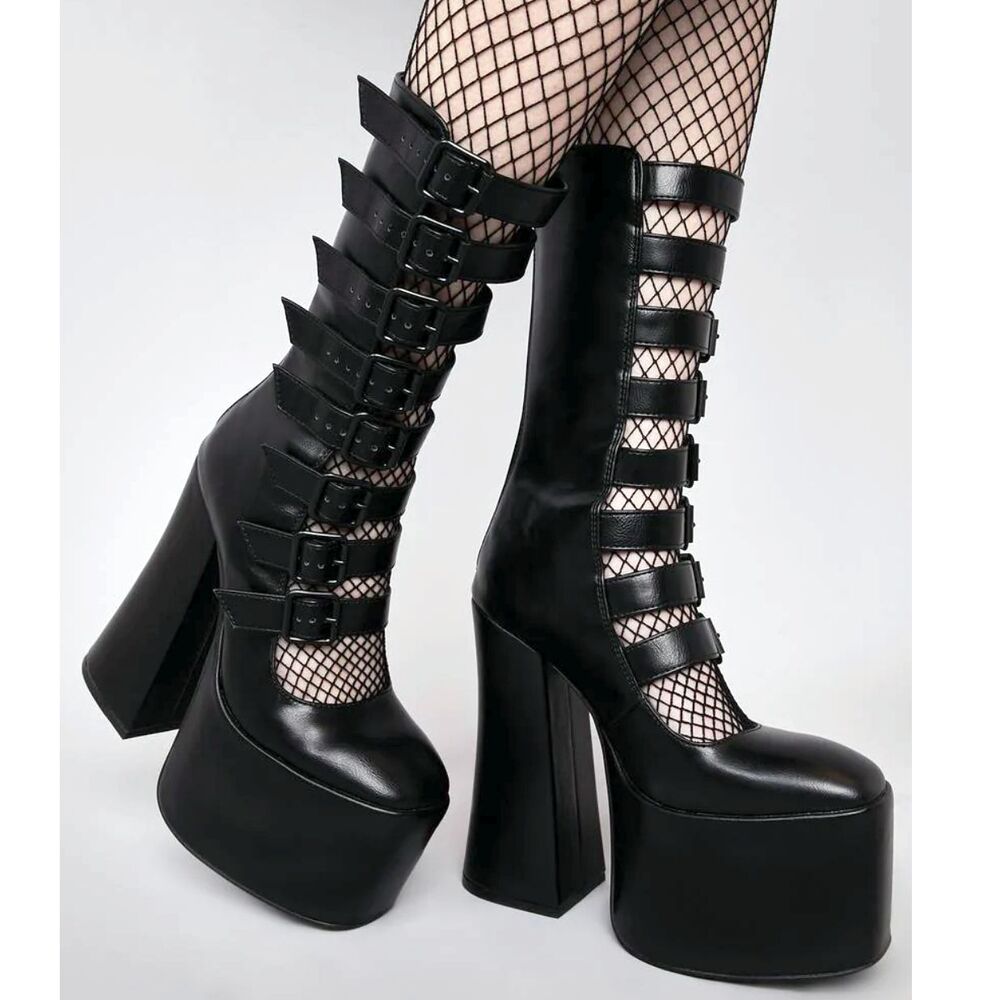 Widow Strappy Buckle Boots 6M Black Vegan Leather Gone Haywire Platform Gothic - Picture 2 of 16